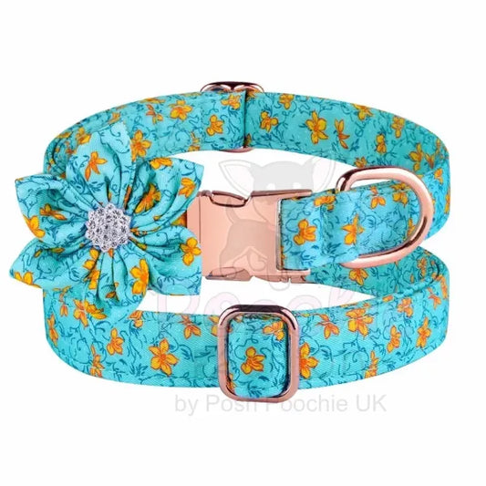 Aqua Floral Padded Dog Collar with Flower - Posh Pawz - 2