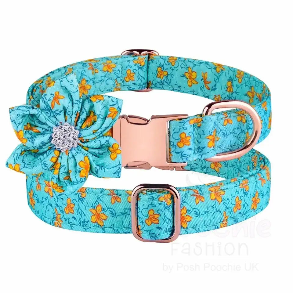 Aqua Floral Padded Dog Collar with Flower - Posh Pawz - 2