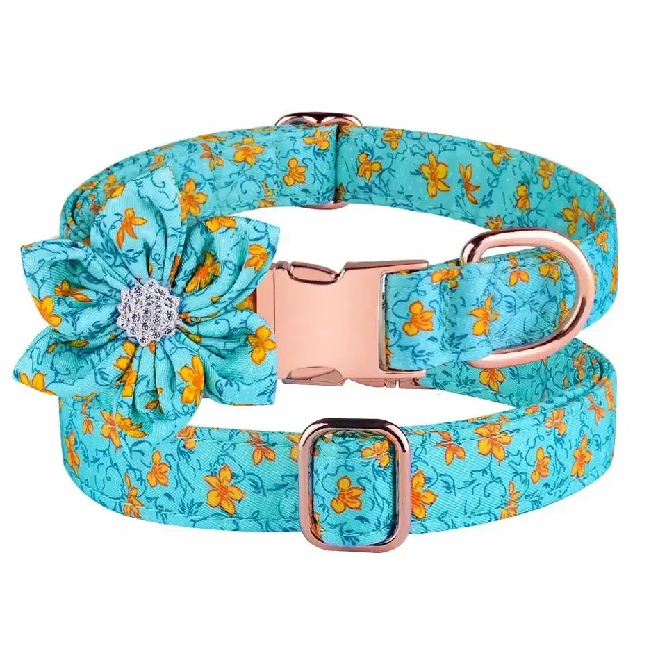 Aqua Floral Padded Dog Collar with Flower - Posh Pawz - 2