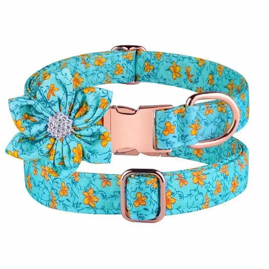 Aqua Floral Padded Dog Collar with Flower - Posh Pawz - 2