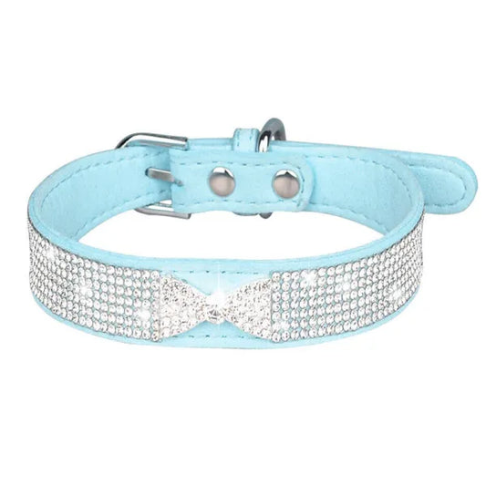 Baby Blue Crystal Bow Eco-suede Dog Collar - Posh Pawz - 1