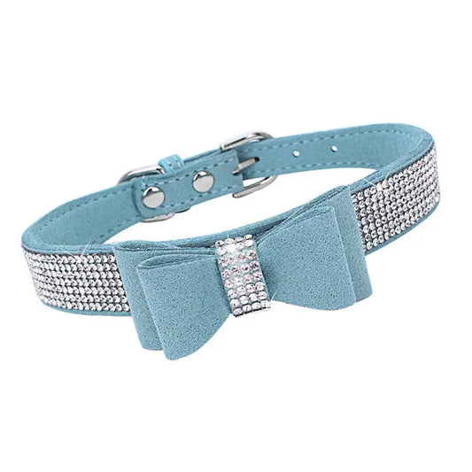 Baby Blue Sparkle Bow Eco-suede Dog Collar - Posh Pawz - 1