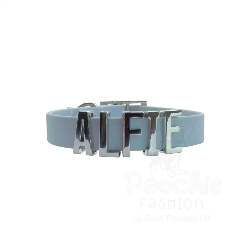 Baby Blue Waterproof Personalised Dog Collar with Chrome Letters - Poochie Fashion - 7