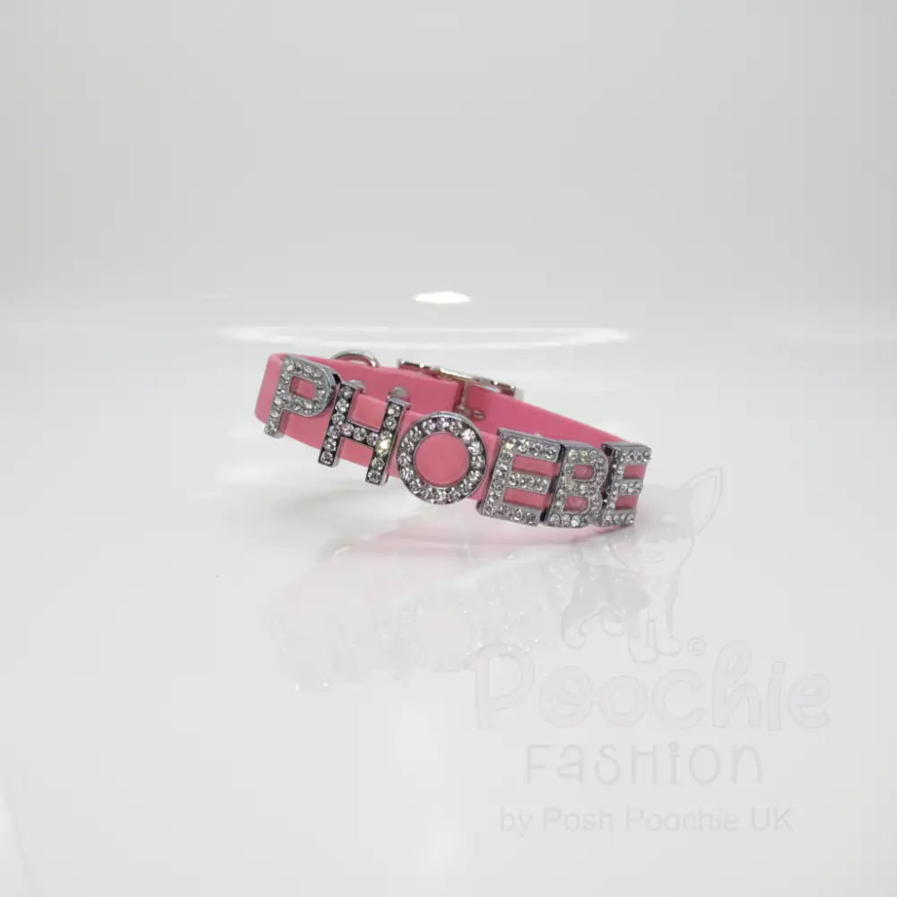 Baby Pink Personalised Waterproof Dog Collar Diamante Letters - Poochie Fashion - 6