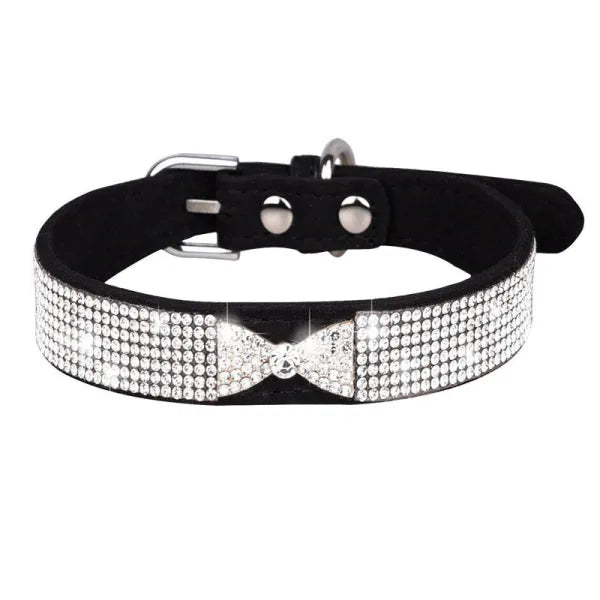 Black Crystal Bow Eco-suede Dog Collar - Posh Pawz - 1