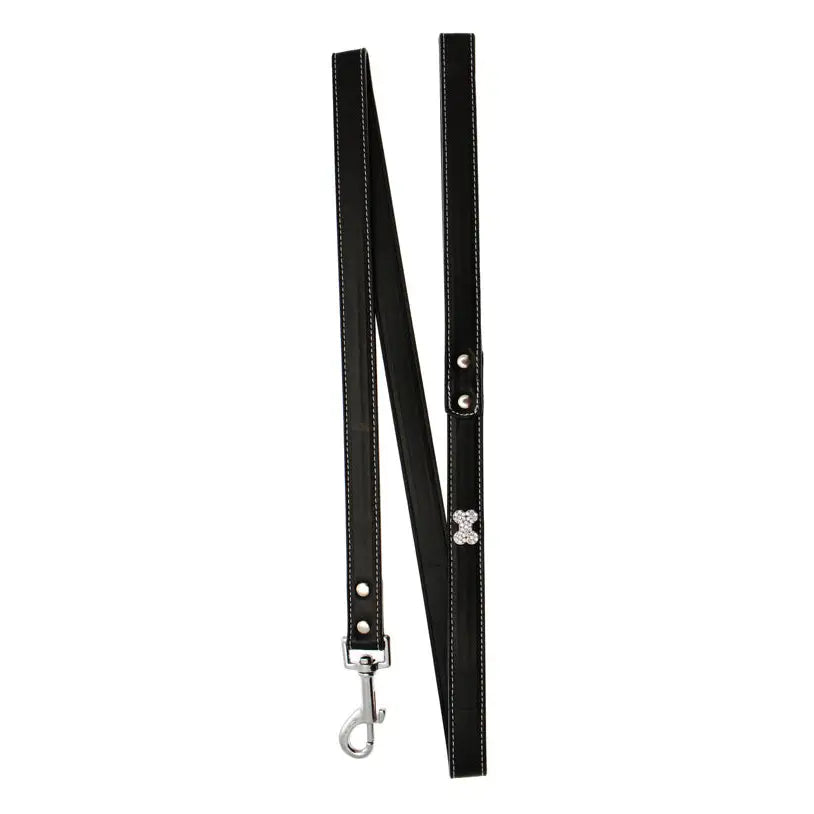 Black Leather Diamante Bone Dog Lead - Posh Pawz - 1