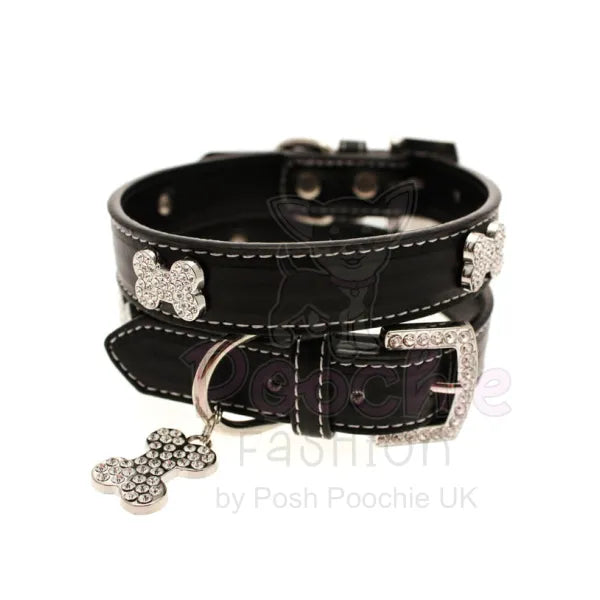 Black Leather Diamante Bones Dog Collar and Lead Set Posh Pawz 5
