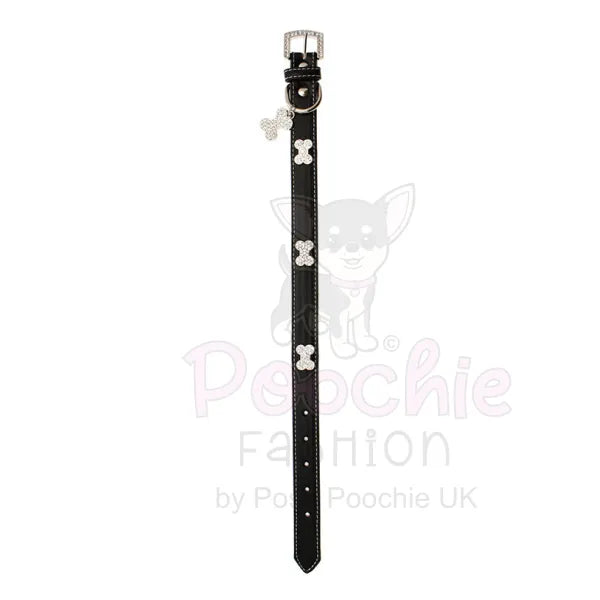 Black Leather Diamante Bones Dog Collar and Lead Set Posh Pawz 2