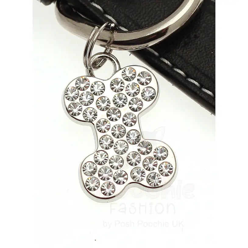 Black Leather Diamante Bones Dog Collar with Charm - Posh Pawz - 4