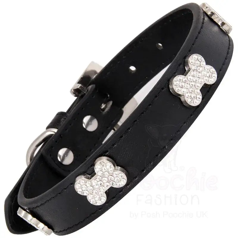Black Leather Diamante Bones Dog Collar with Charm - Posh Pawz - 2