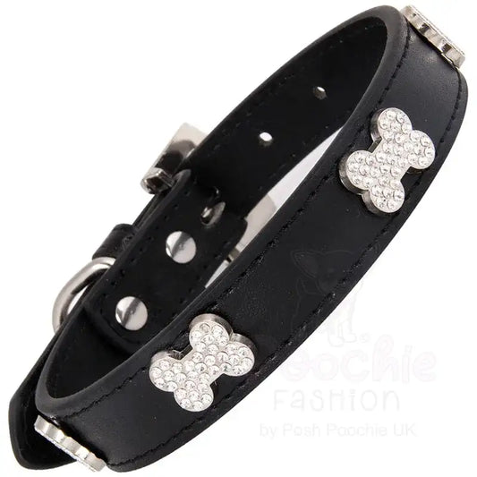 Black Leather Diamante Bones Dog Collar with Charm - Posh Pawz - 2