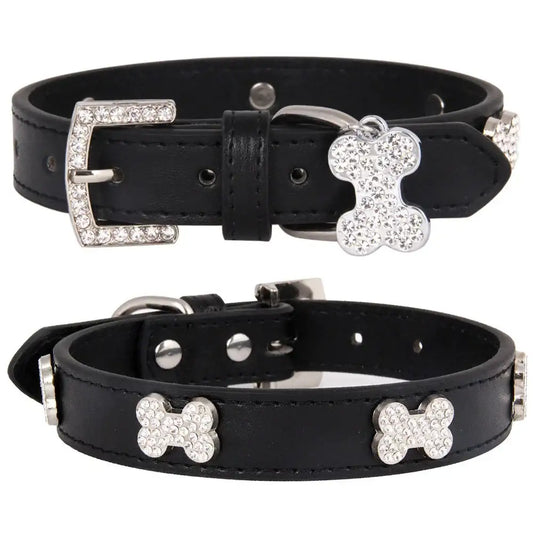 Black Leather Diamante Bones Dog Collar with Charm - Posh Pawz - 1