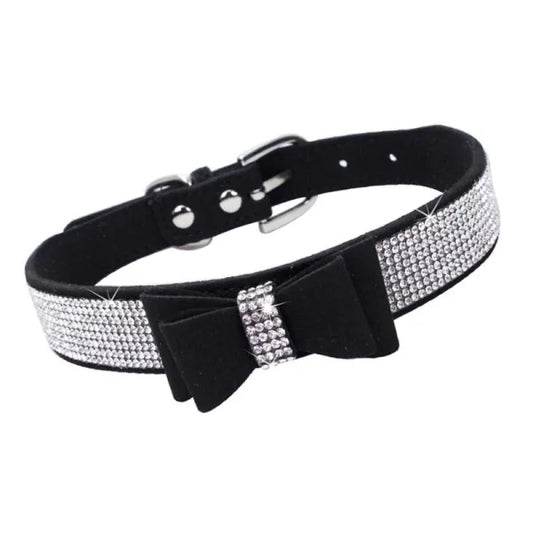 Black Sparkle Bow Eco-suede Dog Collar - Posh Pawz - 1