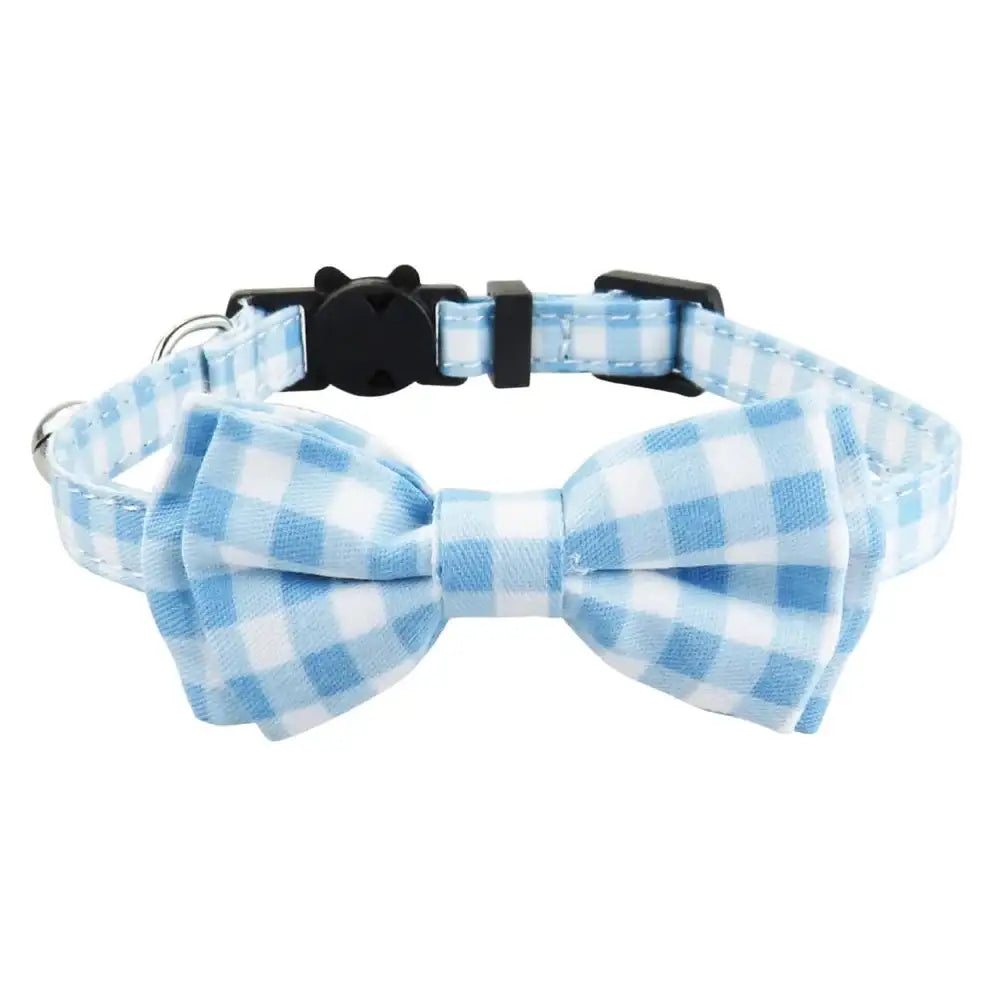 Blue Gingham Check Bow Cat Collar - Posh Catz - 1