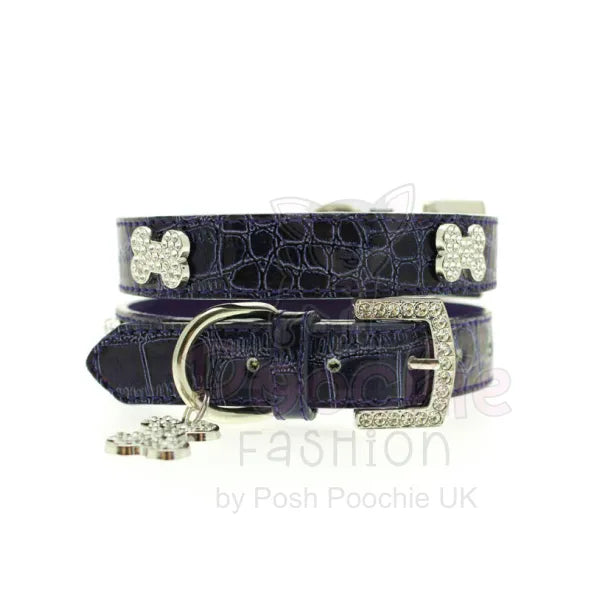 Blue Leather Diamante Bones Dog Collar and Charm Posh Pawz 6