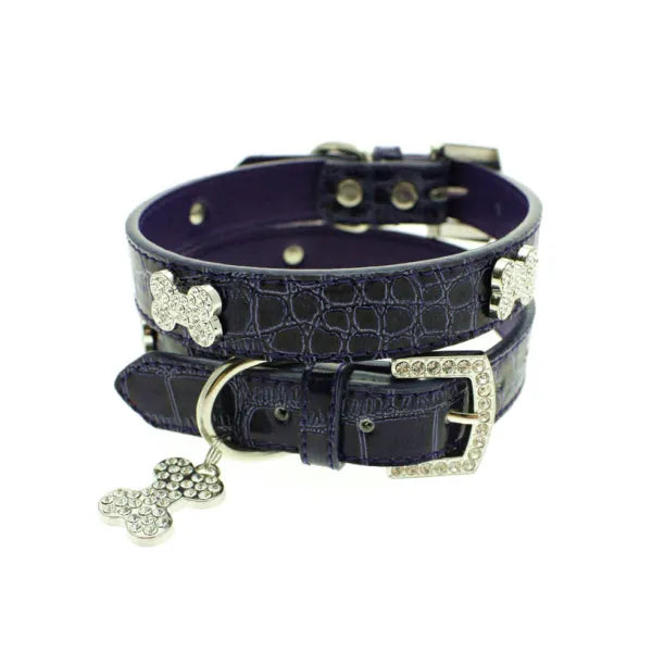 Blue Leather Diamante Bones Dog Collar and Charm Posh Pawz 1