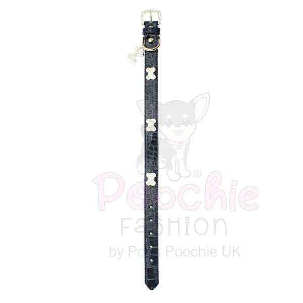 Blue Leather Diamante Bones Dog Collar and Charm Posh Pawz 2