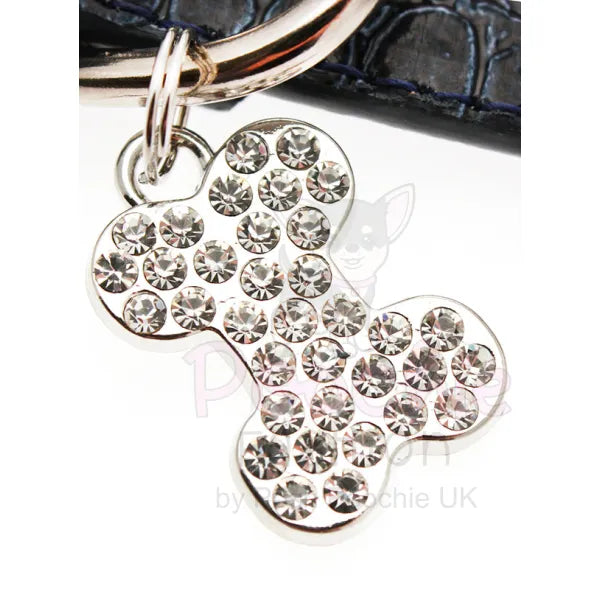 Blue Leather Diamante Bones Dog Collar and Charm Posh Pawz 3