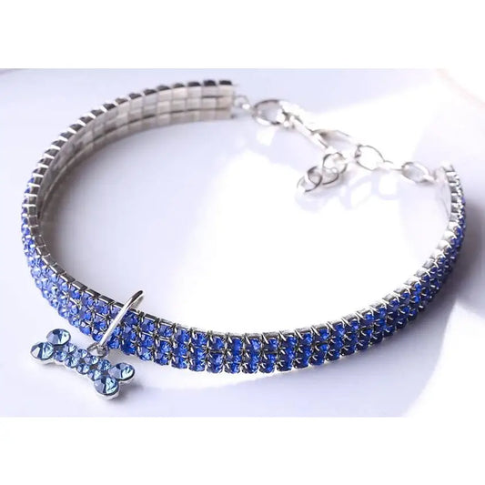 Blue Rhinestone Crystal Pet Necklace with Bone Pendant - Posh Pawz - 2
