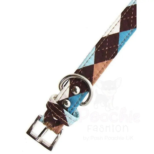 Brown and Blue Argyle Fabric Dog Collar and Lead Set Large - Sale - 2