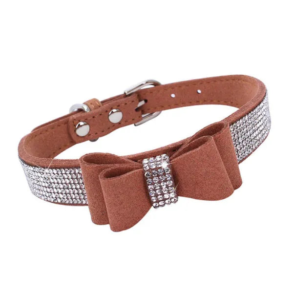 Brown Sparkle Bow Eco Suede Dog Collar Posh Pawz 1