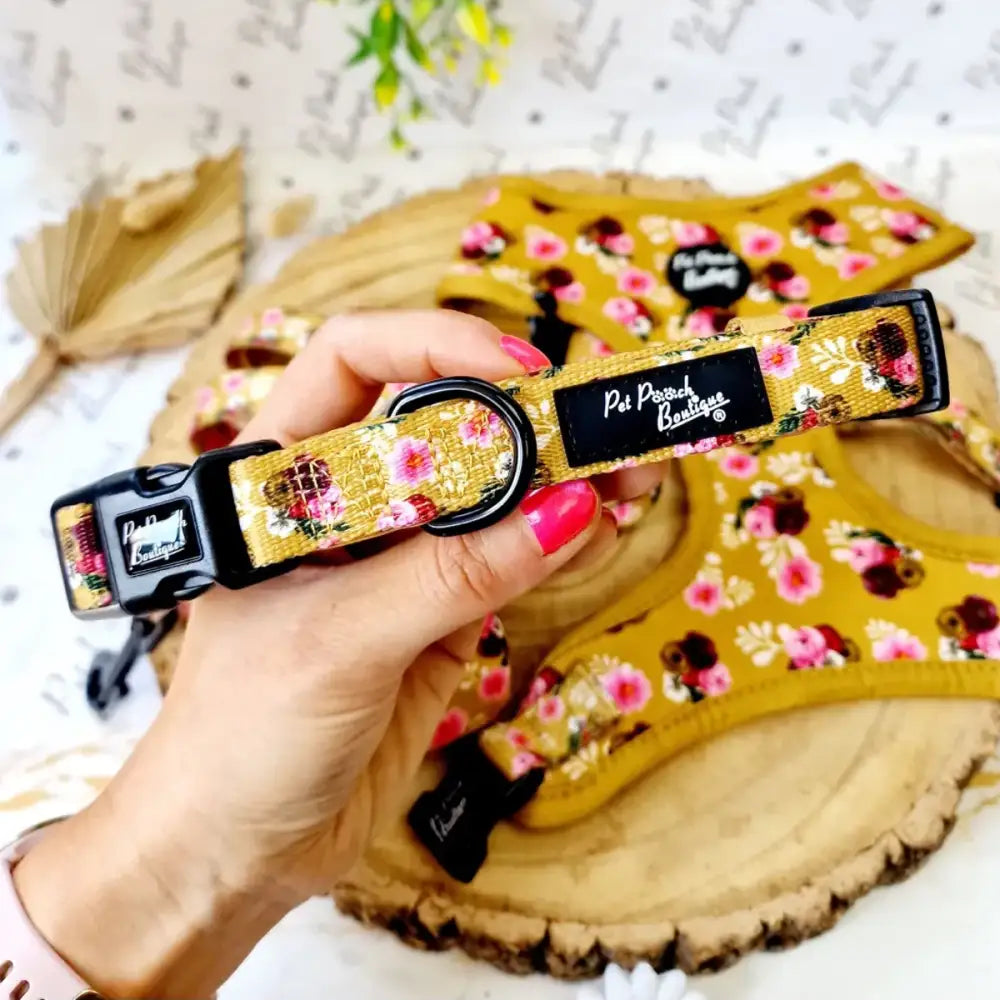Buttercup Yellow Vintage Peonies Dog Collar - Pet Pooch - 1