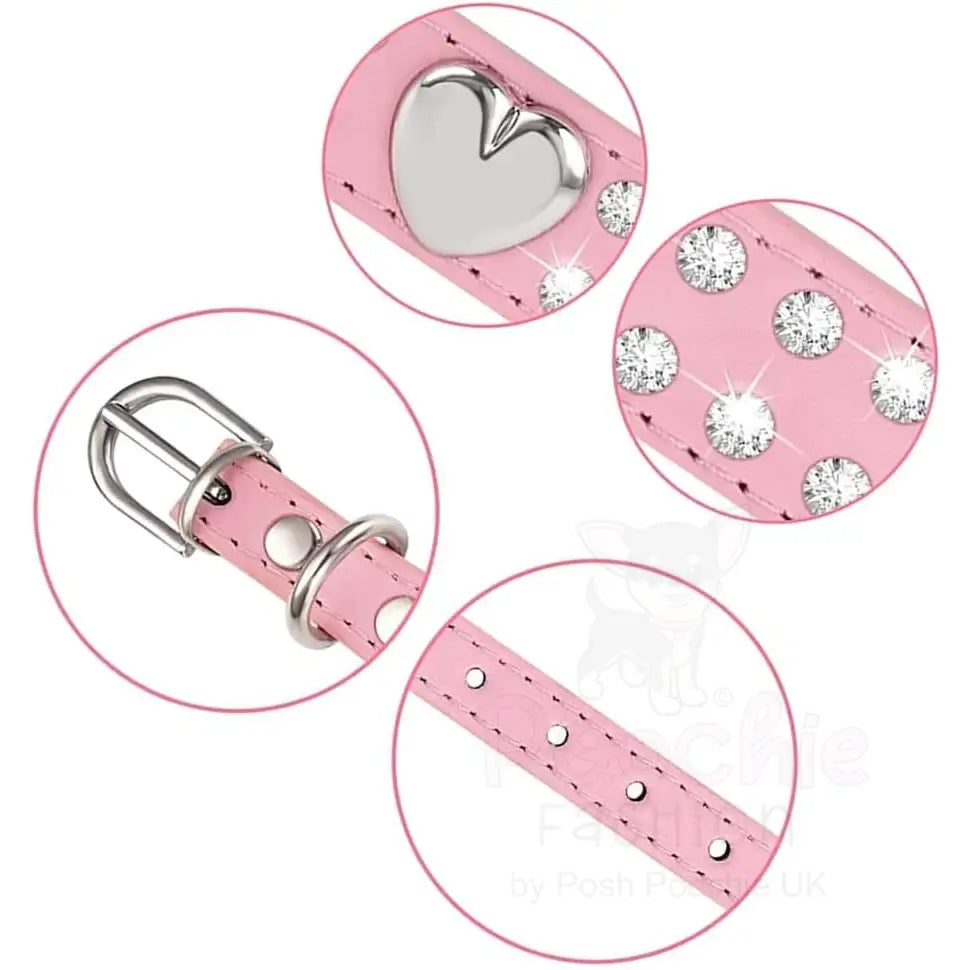 Double Row Diamante Heart Dog Collar in Baby Pink - Posh Pawz - 4