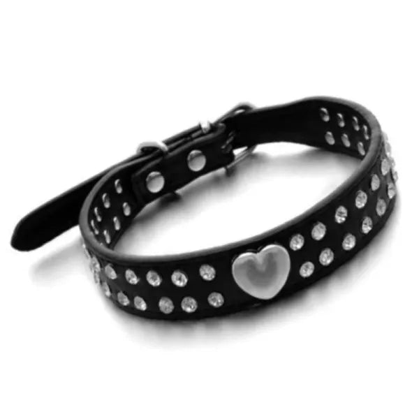 Double Row Diamante Heart Dog Collar in Black - Posh Pawz - 1