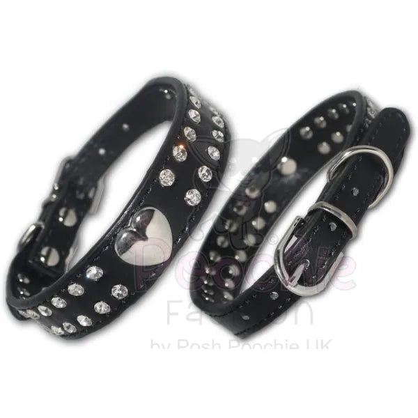 Double Row Diamante Heart Dog Collar in Black - Posh Pawz - 2