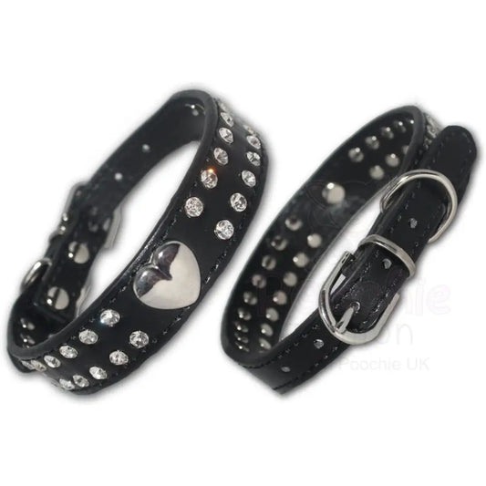 Double Row Diamante Heart Dog Collar in Black - Posh Pawz - 2