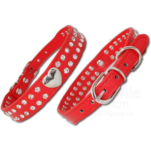 Double Row Diamante Heart Dog Collar in Red - Posh Pawz - 2
