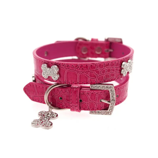 Hot Pink Leather Diamante Bones Dog Collar And Charm - Urban Pup 1