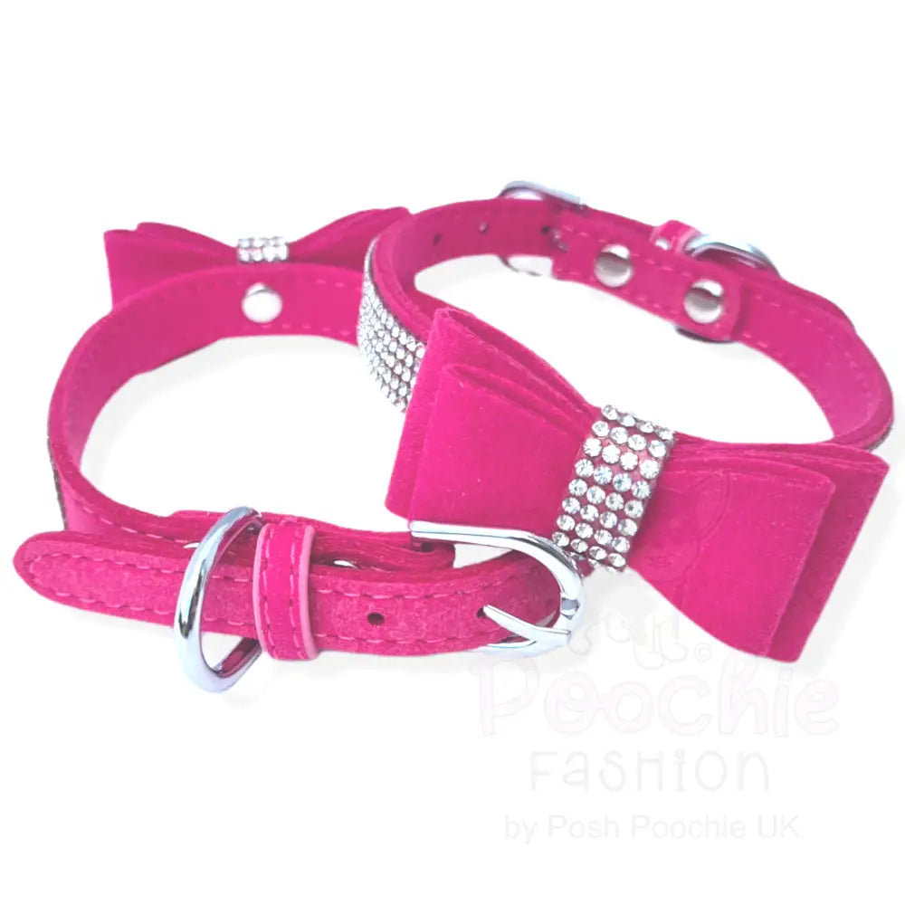 Hot Pink Sparkle Bow Eco-suede Dog Collar - Posh Pawz - 3