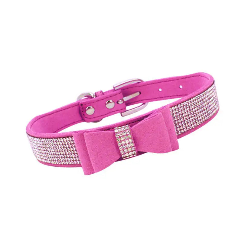 Hot Pink Sparkle Bow Eco-suede Dog Collar - Posh Pawz - 1