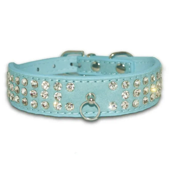 Light Blue Triple Rhinestone Eco-suede Dog Collar - Posh Pawz - 1