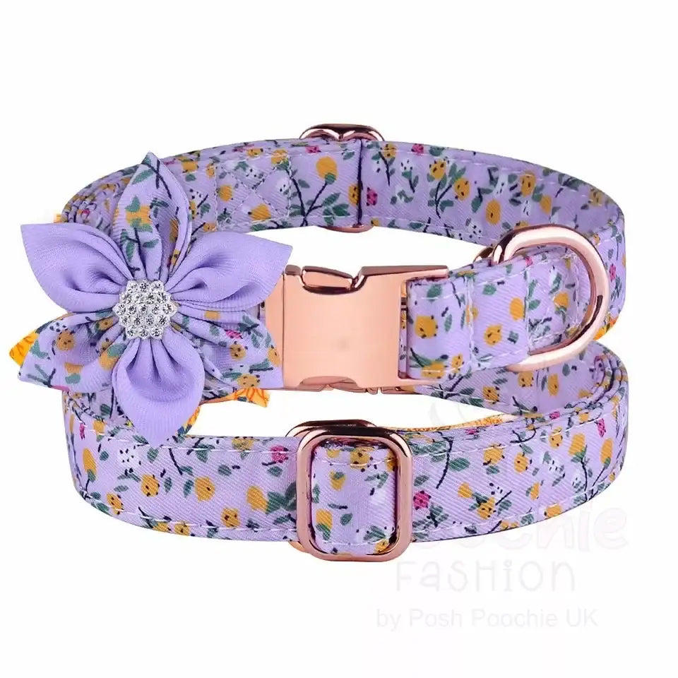 Lilac Floral Padded Dog Collar with Flower - Posh Pawz - 2