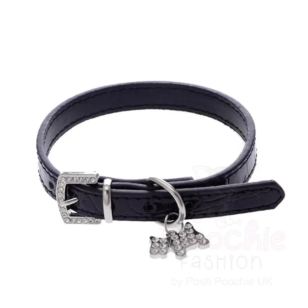 Mock Croc Rhinestone Charm Dog Collar in Black - Posh Pawz - 2