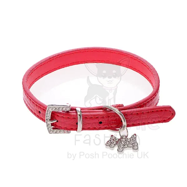 Mock Croc Rhinestone Charm Dog Collar in Red - Posh Pawz - 2