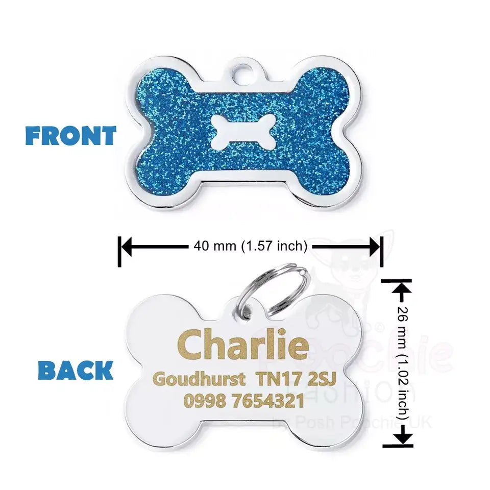 Personalised Glitter Bone Pet Id Tag Blue - Posh Pawz - 2