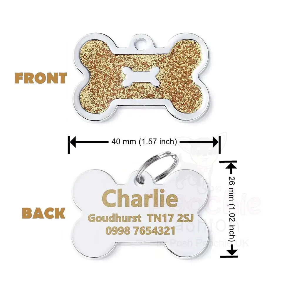 Personalised Glitter Bone Pet Id Tag Gold - Posh Pawz - 2