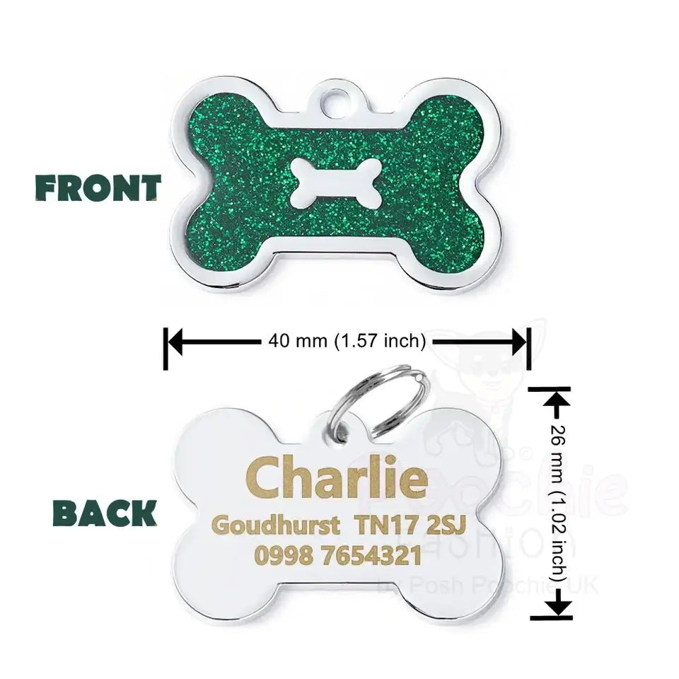 Personalised Glitter Bone Pet Id Tag Green - Posh Pawz - 2