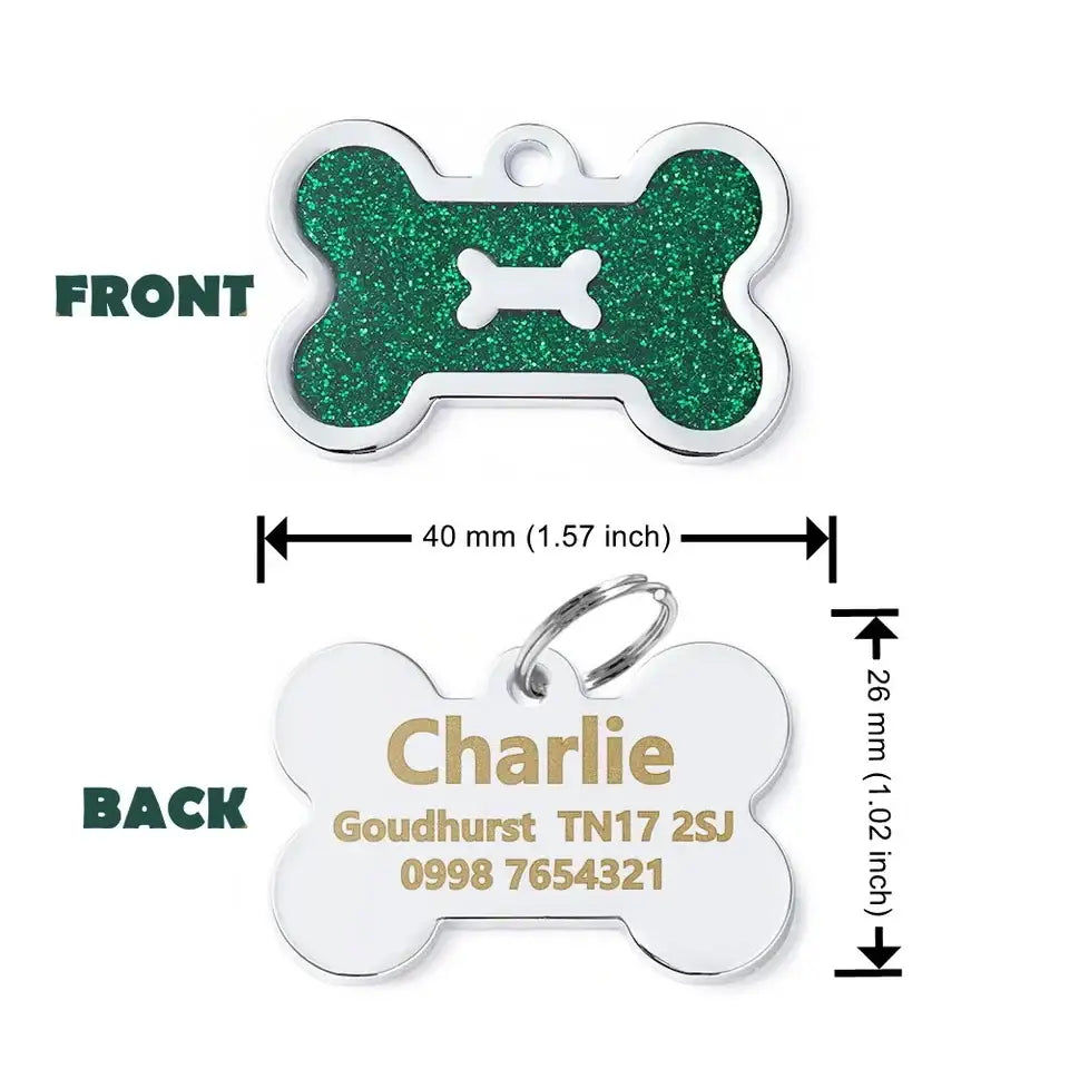 Personalised Glitter Bone Pet Id Tag Green - Posh Pawz - 2