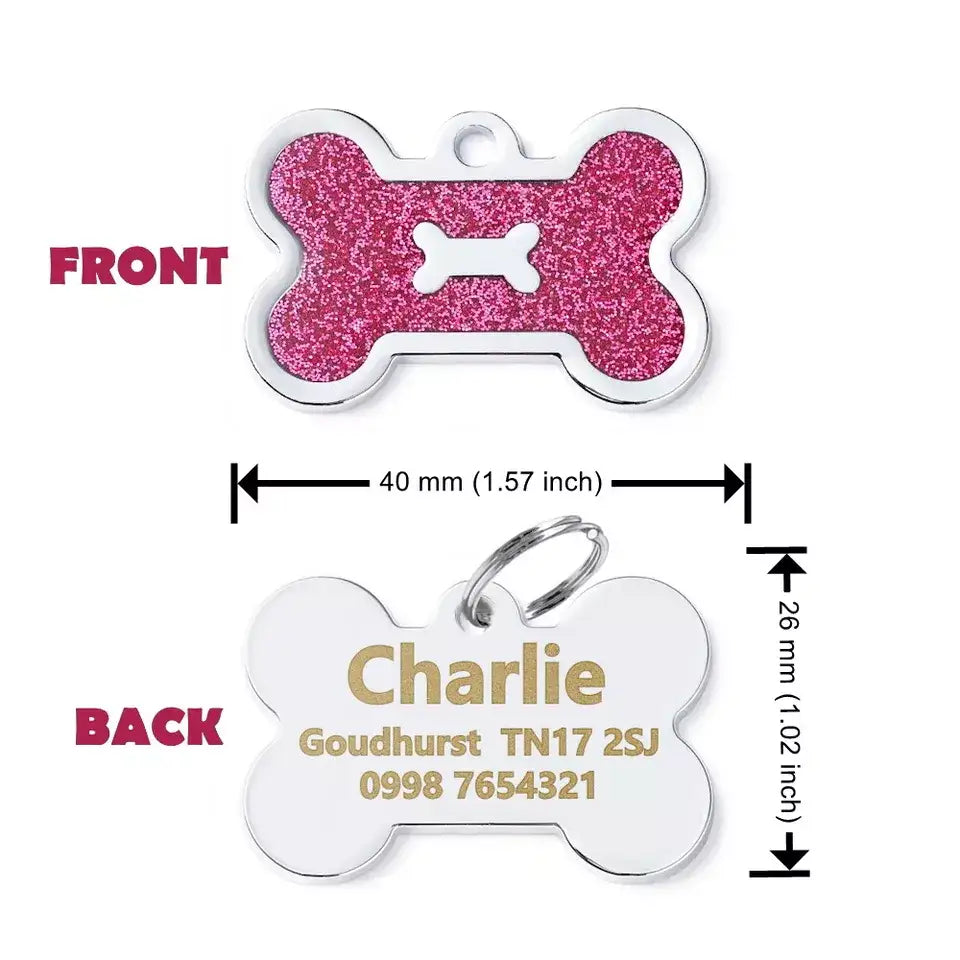 Personalised Glitter Bone Pet Id Tag Hot Pink - Posh Pawz - 2