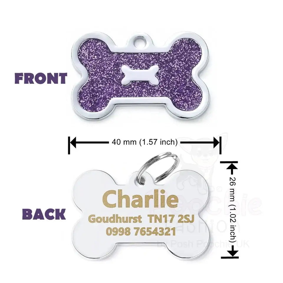 Personalised Glitter Bone Pet Id Tag Purple - Posh Pawz - 2