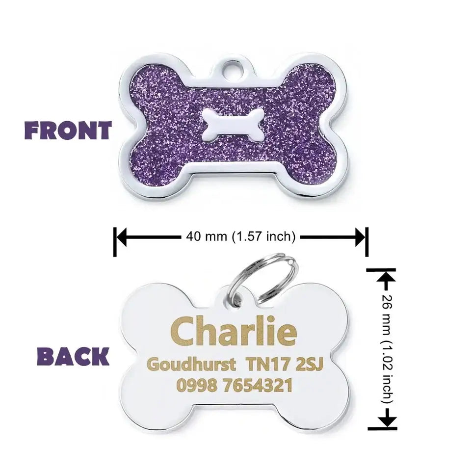 Personalised Glitter Bone Pet Id Tag Purple - Posh Pawz - 2