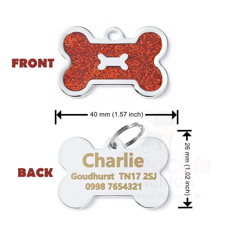 Personalised Glitter Bone Pet Id Tag Red - Posh Pawz - 2