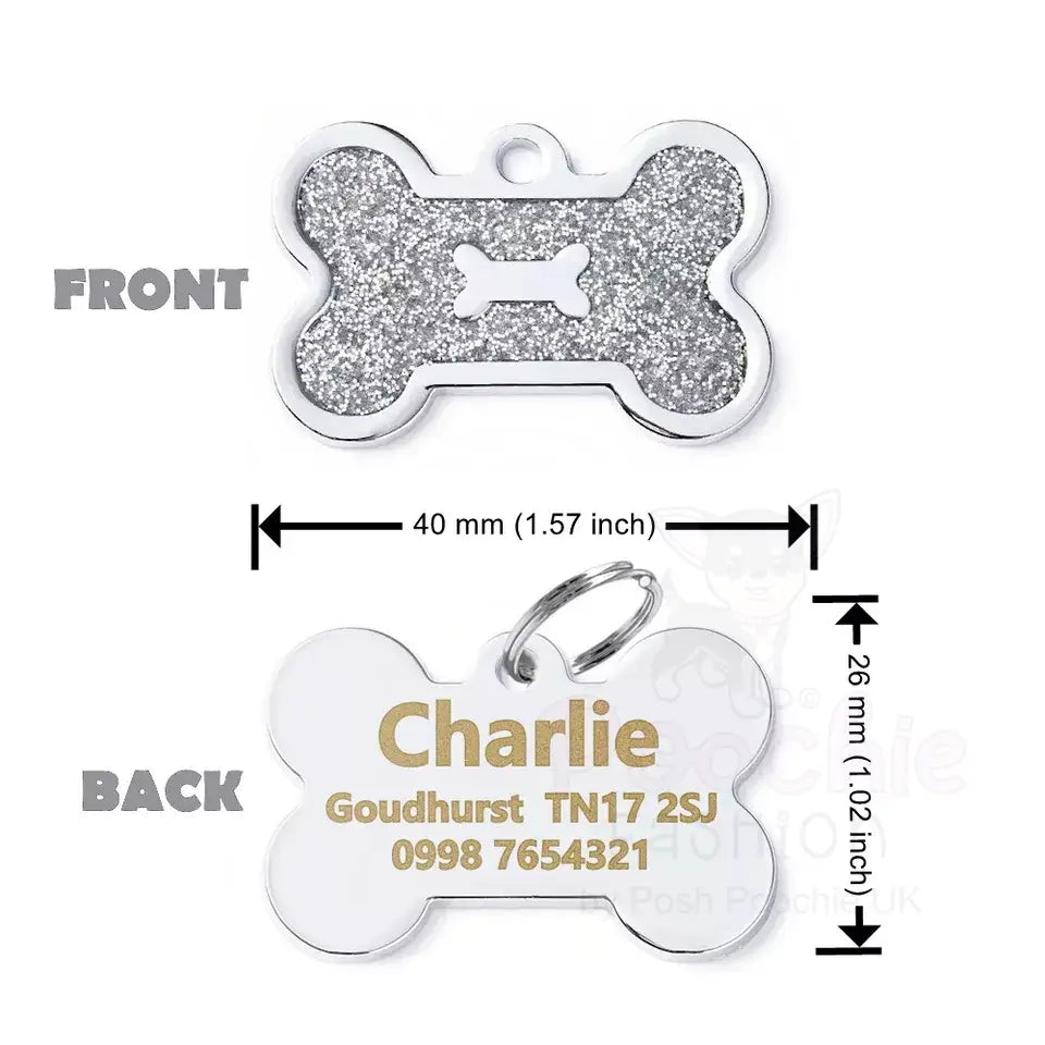 Personalised Glitter Bone Pet Id Tag Silver - Posh Pawz - 2