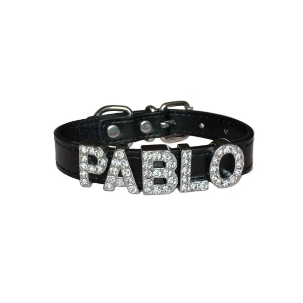 Personalised Leather Diamante Dog Collar in Black - Poochie Fashion - 1