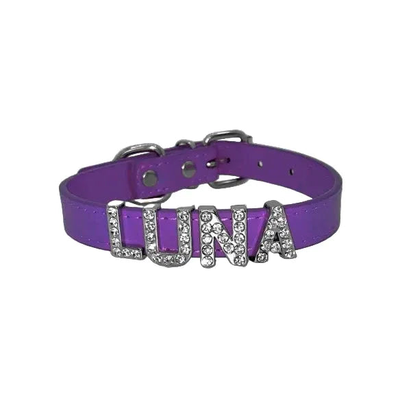 Personalised Leather Diamante Dog Collar in Purple - Poochie Fashion - 1