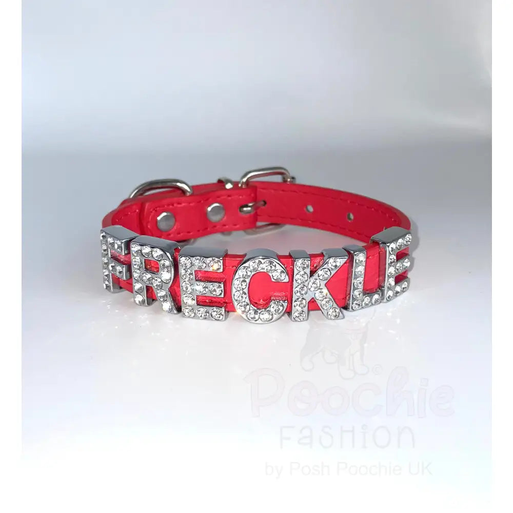 Personalised Leather Diamante Dog Collar in Red - Poochie Fashion - 3